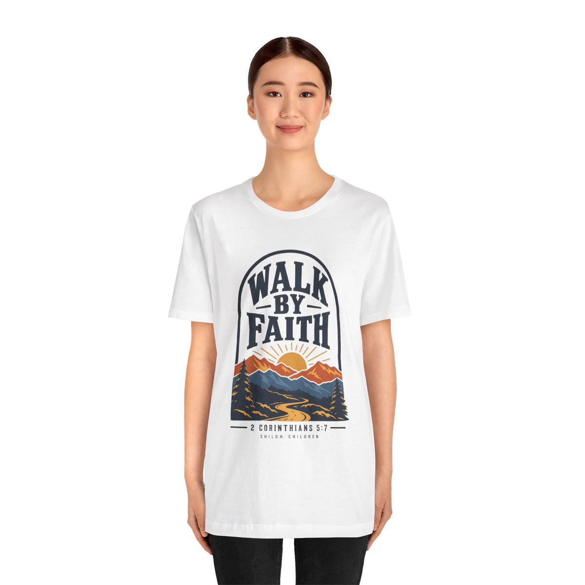 Walk by Faith T-Shirt — Christian Mountain Sunrise Tee (2 Corinthians 5:7)